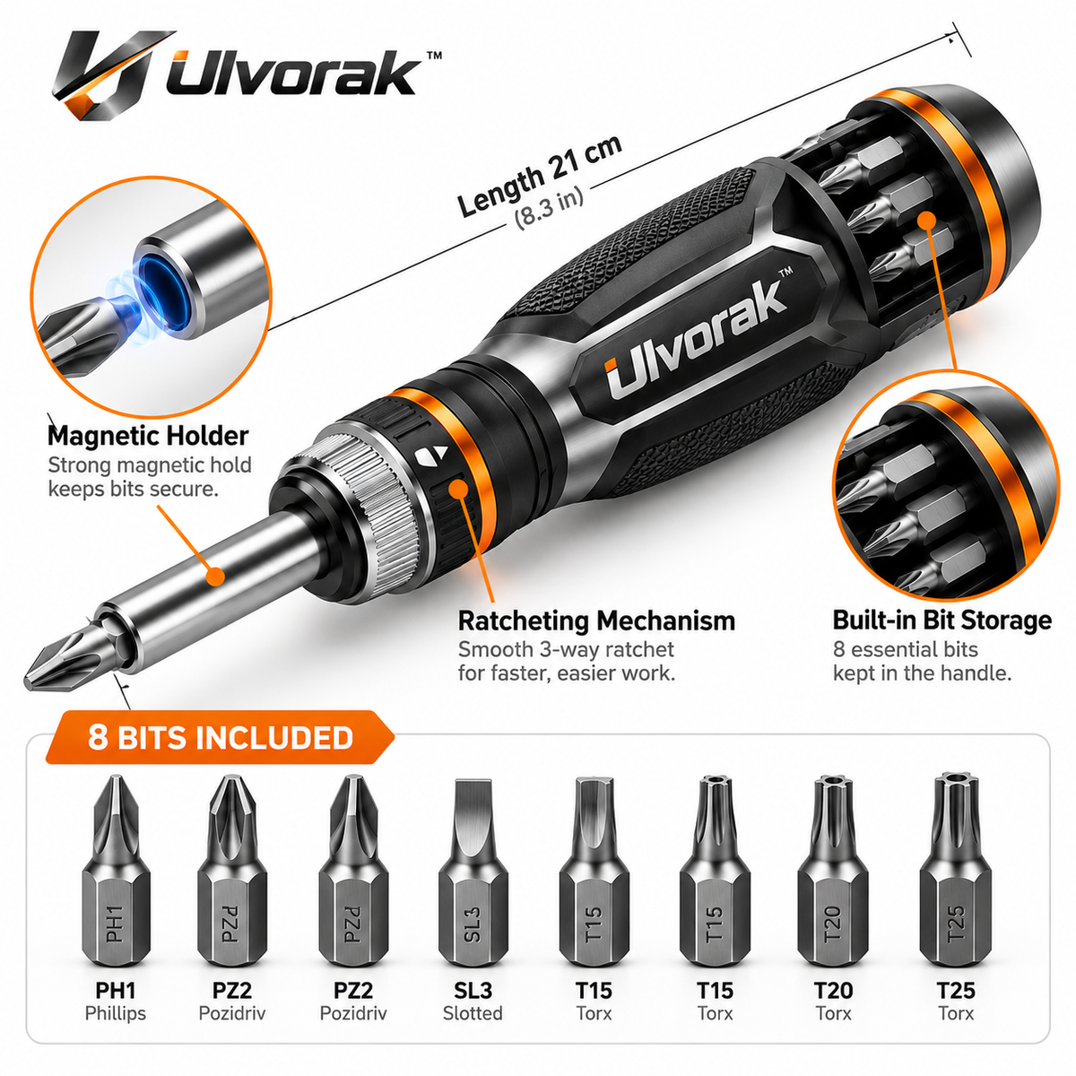 Ulvorak™ FlexDrive Multi-Bit Screwdriver – Compact Magnetic Screwdriver Set for Home Repairs, DIY Projects & Everyday Fixes