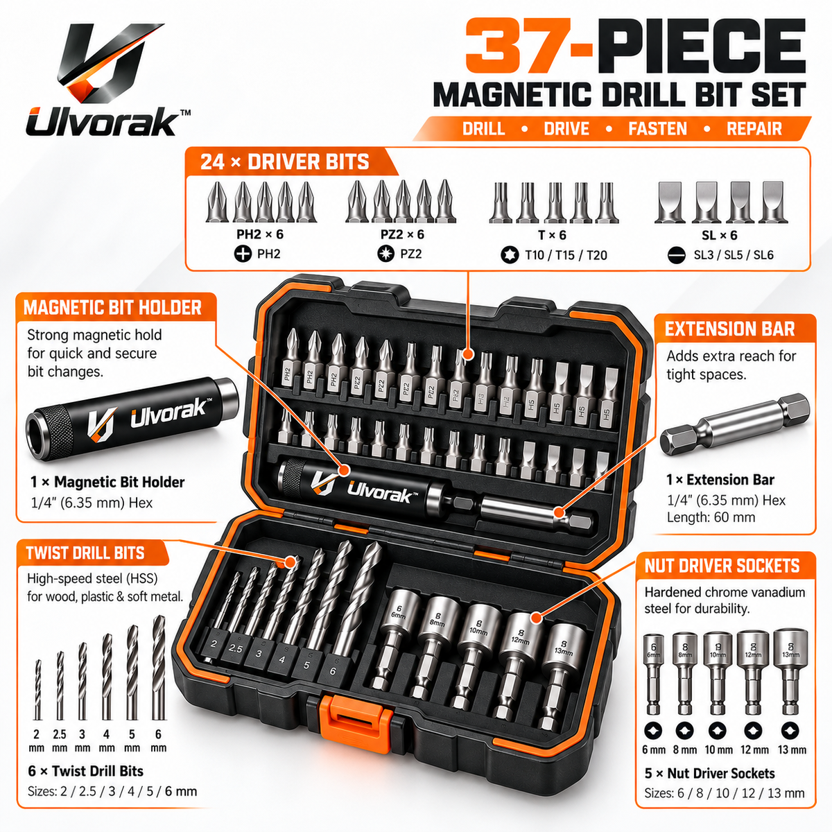 Ulvorak™ MagDrive Bit Set – Magnetic Drill Bit Collection for Power Tools, Home Repairs, DIY Projects & Workshop Applications