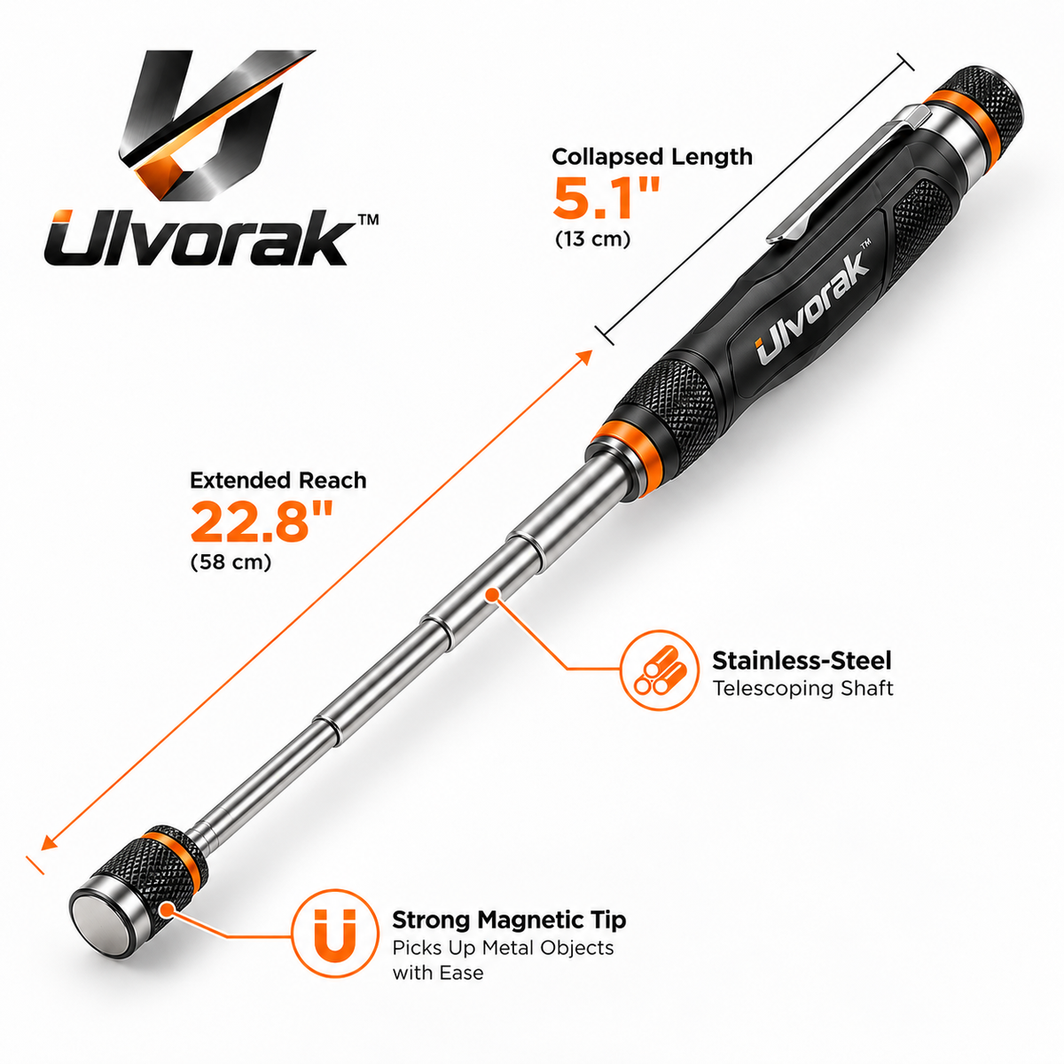 Ulvorak™ FlexReach Magnetic Pickup Tool – Extendable Magnetic Retriever for Lost Screws, Bolts, Nuts & Small Metal Parts