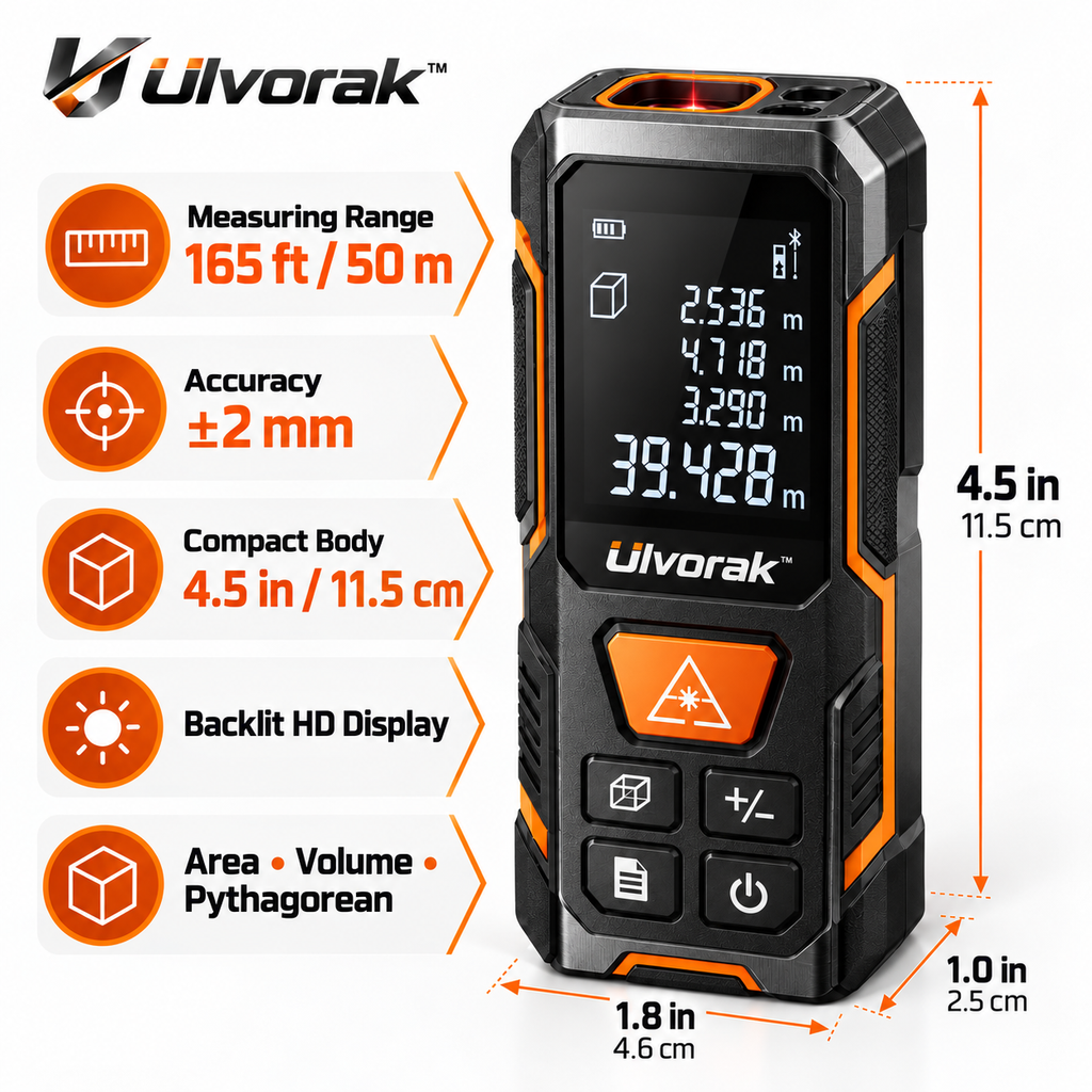 Ulvorak™ LaserMeasure Pro – Digital Laser Distance Meter for Fast, Accurate Measurements, Home Improvement & DIY Projects