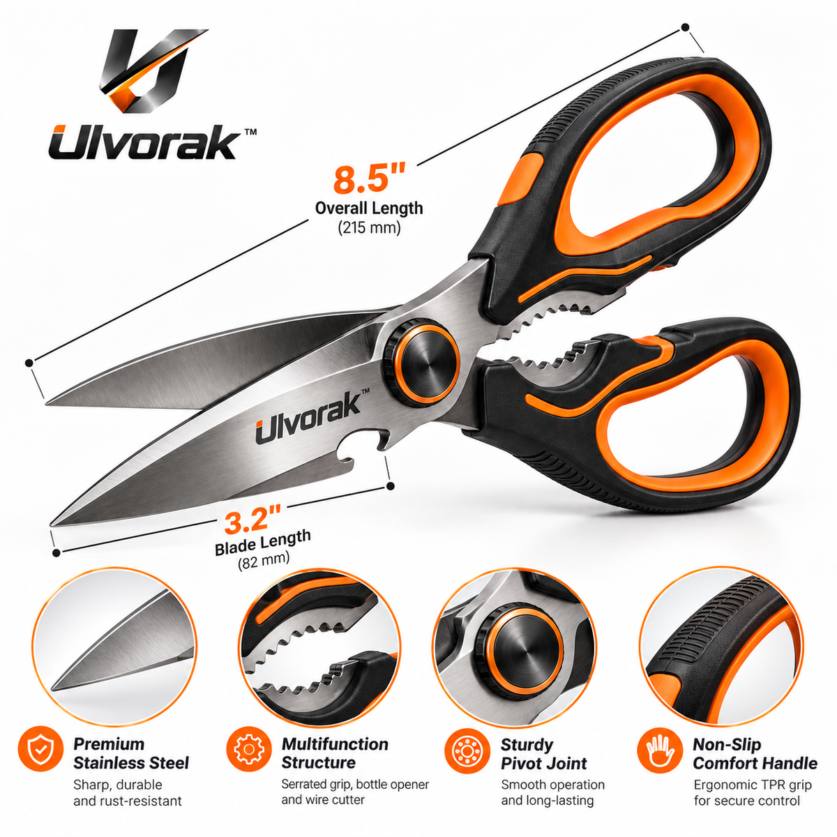 Ulvorak™ MultiCut Utility Scissors – Heavy-Duty Multi-Purpose Cutting Tool for Home, Kitchen, Workshop & Everyday Tasks