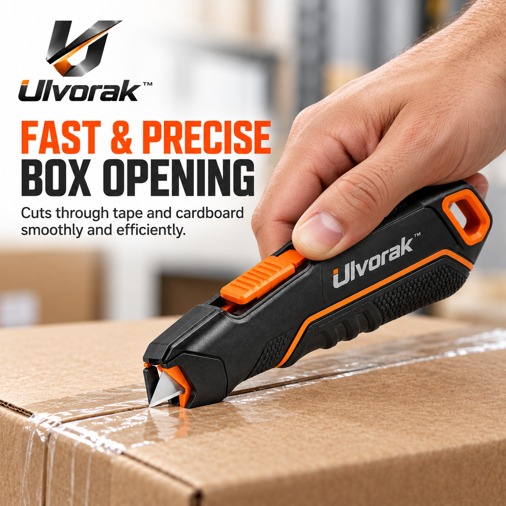 Ulvorak™ SafeSlice Box Cutter – Retractable Safety Utility Knife for Packages, Cardboard, Shipping Boxes & Everyday Opening Tasks